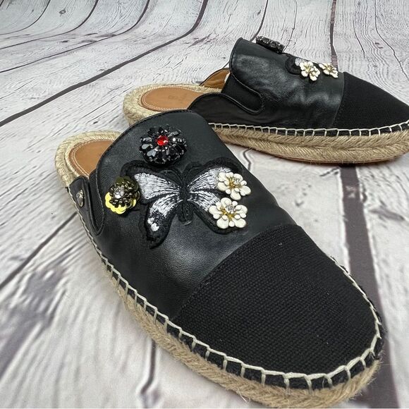 BILL BLASS Wallis black floral & butterfly embellished espadrille mules, size 9 - Picture 9 of 13